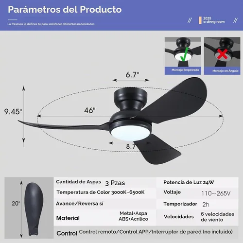 Vista 2 de Kviflon Ventiladores de techo de 46 pulgadas modernos con luces, ventilador de techo de montaje empotrado con control remoto/APP, 3 aspas curvas
