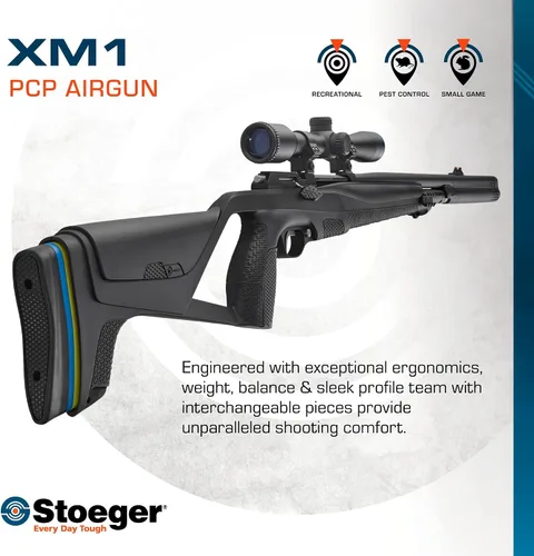 Vista 2 de Stoeger XM1 PCP Airgun, alcance y bomba manual Combo - Calibre .22 - Sintético negro con mira de fibra óptica y alcance 4 x 32