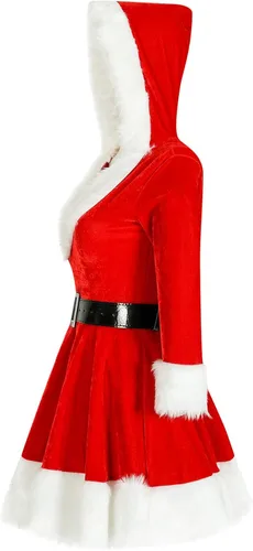Vista 5 de SHOPESSA Disfraz de señora Santa Claus para mujer vestido de terciopelo con capucha con cinturón vestido de manga larga para fiesta de vacaciones