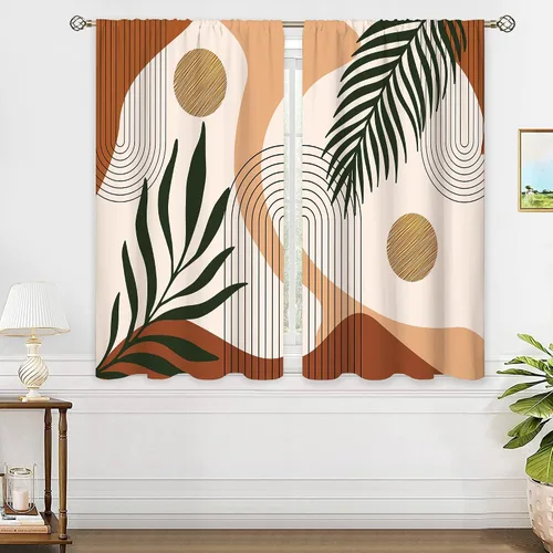 Vista 11 de Cortinas bohemias de cocina pequeñas de mediados de siglo, tratamiento abstracto moderno para ventana, bolsillo para cortinero, cortinas cortas