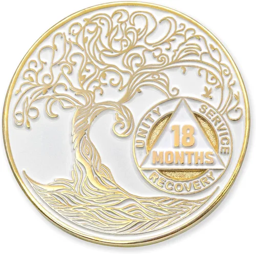 Vista 117 de 1 año Sobriety Mint Twisted Tree of Life Medallón de recuperación AA chapado en oro, chip/ficha - negro