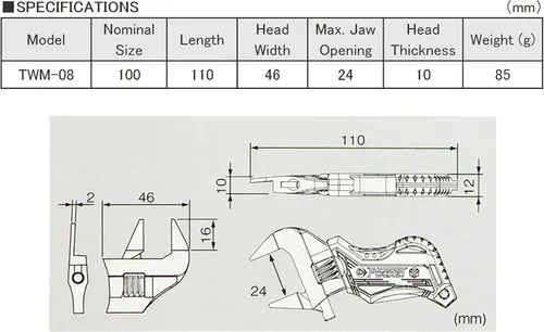 Vista 3 de Engineer TWM-08 - Llave ajustable de bolsillo compacta de 110 mm con mordazas ultra delgadas de 2 mm y cubierta de mango cómoda (TPR)