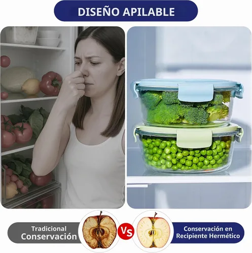 Vista 4 de 8 piezas de recipientes redondos de vidrio con tapas herméticas, juego de recipientes de almacenamiento de vidrio de 4 tazas, recipientes