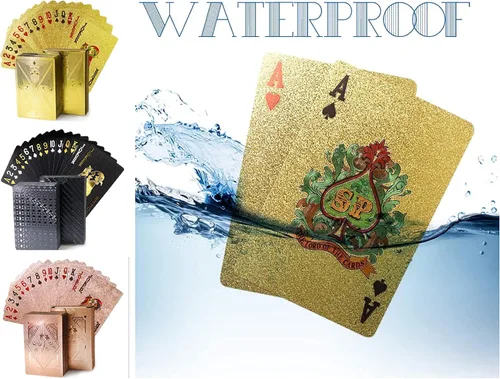 Vista 2 de 3 barajas de cartas impermeables de plástico para jugar cartas de póquer, color negro y oro rosa, cartas temáticas estándar de póquer impermeables