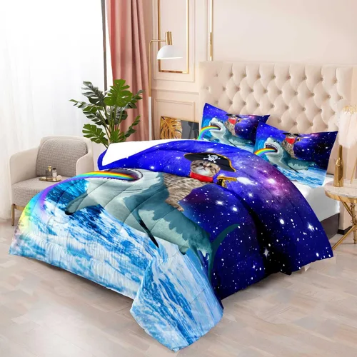 Vista 3 de LUVIVIHOME Juego de edredón divertido de 2 piezas con diseño de gato, tamaño individual, morado, galaxia, azul, olas oceánicas, arco iris, lindo