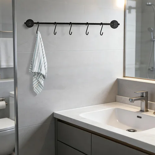 Vista 5 de Toallero de 21.6 pulgadas con 5 ganchos en forma de S, toallero de acero inoxidable negro para baño y baño, montado en la pared, para ollas