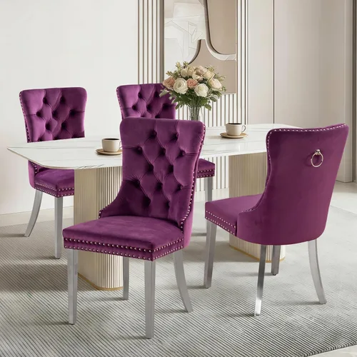 Vista 91 de Juego de 2 sillas de comedor de terciopelo con patas de madera, color beige Mid Century Modern Dining Chairs,Upholstered Chairs with Nailhead