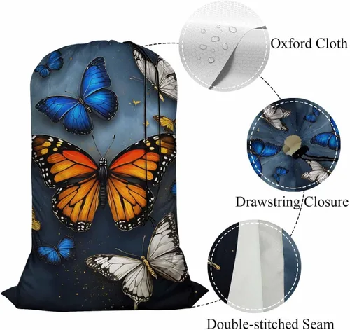 Vista 4 de Swono Bolsa de lavandería extragrande con cierre de cordón de 28 x 40 pulgadas, mariposa 3D voladora con brillo para residentes universitarios