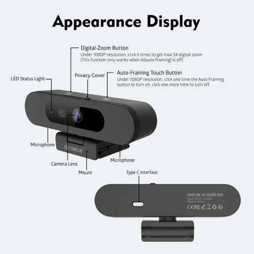 Vista 6 de TOALLIN Cámara web 4K AI con WDR, corrección automática de luz, seguimiento de IA con marco automático, enfoque automático, zoom digital ajustable