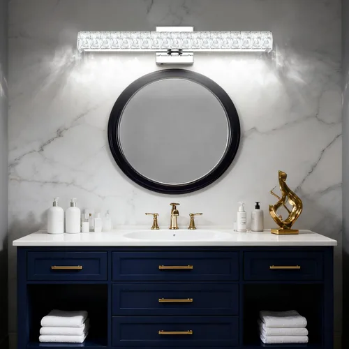 Vista 6 de SOLFART Lámpara de baño, accesorios de iluminación de tocador de cristal, luces LED modernas sobre espejo, lámpara de baño de 60 cm, cromada Luz