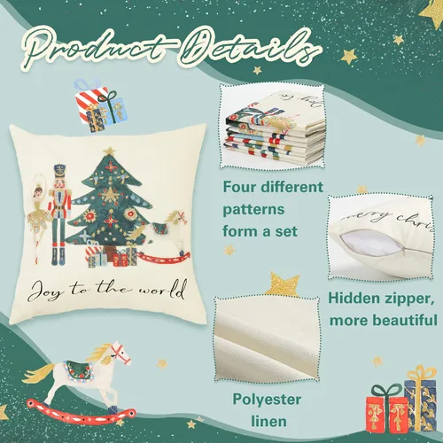 Vista 4 de Juego de 4 fundas de almohada con diseño de cascanueces y ballet de Feliz Navidad, fundas de almohada decorativas para el hogar, sofá, cama, silla