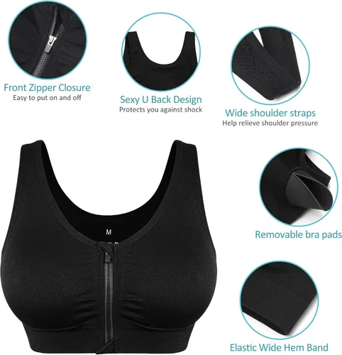 Vista 8 de Brasier deportivo con cierre frontal para mujer, posoperatorio, sin alambres, para yoga