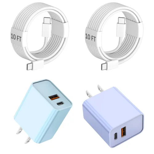 Vista 8 de Cable de carga rápida de 3 metros para iPhone 17/16e, paquete de 2 adaptadores Apple QC de 20 W con 2 puertos USB A+C y cable de carga rápida USB C