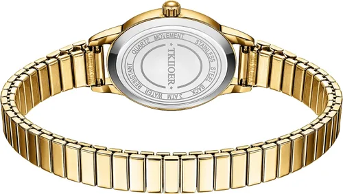 Vista 3 de TKIIOER Relojes pequeños de oro para mujer, reloj analógico de esfera fácil de leer, caja ovalada, banda de expansión de acero inoxidable, reloj