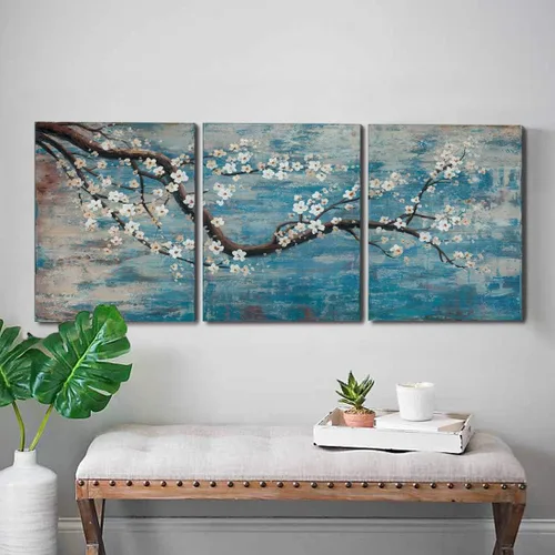 Vista 13 de AMATOP Arte de pared turquesa 100% pintado a mano, pintura al óleo de paisaje forestal en lienzo, obra de arte enmarcada original, pájaro dorado