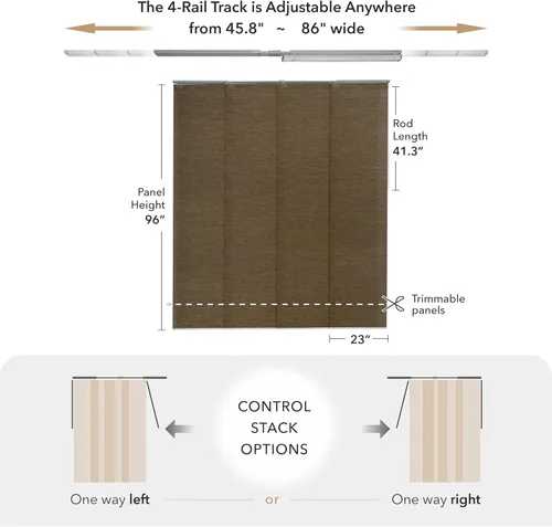 Vista 4 de GoDear Design Cordless Adjustable Sliding Panel Track Vertical Blinds, 45.8"- 86" W x 96" H, Patio Sliding Door Blinds, Brown Trimmable Fabric Panel