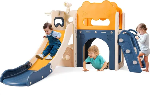 Vista 9 de MAMIZO Tobogán grande 8 en 1 para niños pequeños, tobogán en forma de L con pendiente larga, juego de escalador para bebés con escalones cerrados