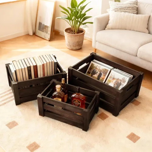 Vista 3 de Juego de 3 cajas de almacenamiento de madera para decoración del hogar Rustic farmhouse decorative wooden boxes for home decor, living room and