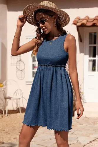 Vista 3 de BTFBM - Vestido de verano sin mangas y con cintura alta para mujer, vestido de playa con tela de punto acanalado, cuello redondo, botones