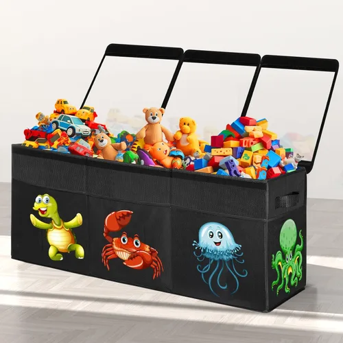 Vista 10 de YOHOOLYO Organizador de almacenamiento de juguetes para niños, 28.3 x 12.6 x 17.3 pulgadas, caja de juguetes grande y resistente con tapa y asas