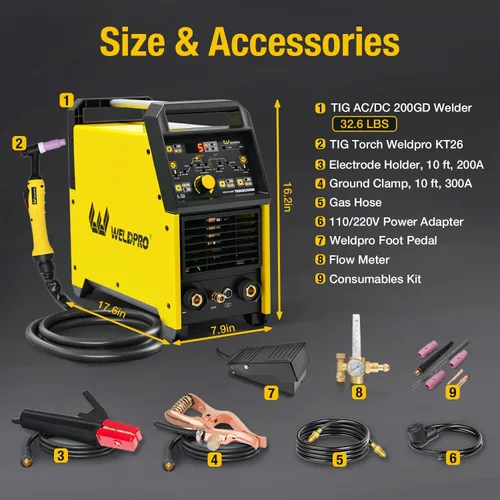 Vista 7 de Weldpro TIG Soldador AC/DC 200A con pulso, soldador TIG de aluminio 110V/220V con antorcha TIG AC TIG/DC TIG/AC PULSE TIG/DC PULSE TIG/Stick Máquina