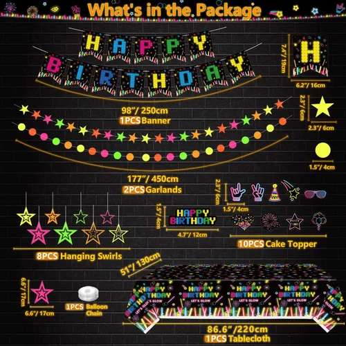 Vista 6 de 241 piezas de suministros para fiestas de neón brillante, juego de vajilla de neón brillante, globos de neón que brillan en la oscuridad, pancarta