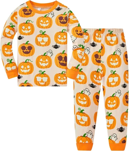 Vista 12 de Conjunto de pijama de esqueleto para niños pequeños, ropa de dormir de calabaza para niños, Halloween, 2 piezas skeleton 3