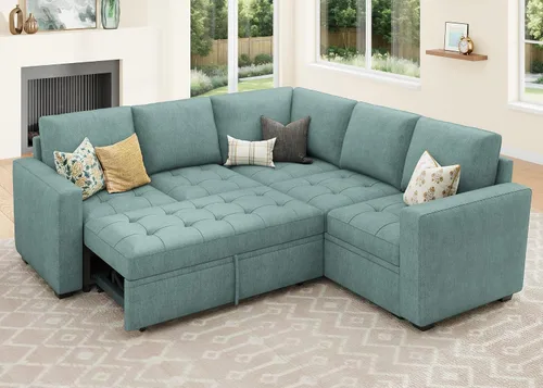 Vista 18 de HONBAY Sofá cama modular modular con cama extraíble, sofá en forma de L con asiento de almacenamiento, sofás seccionales para sala de estar, beige