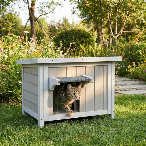 Vista 10 de Casa de madera para gatos para exteriores e interiores, resistente a la intemperie, refugio para gatos de dos pisos, hogar cerrado para gatos