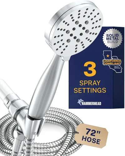Vista 16 de HammerHead Showers Solid Metal 3-Spray Handheld Shower Head with Long Hose and Holder, High Pressure, Wide/Massage/Mist Sprays, Brushed Nickel, 1.75