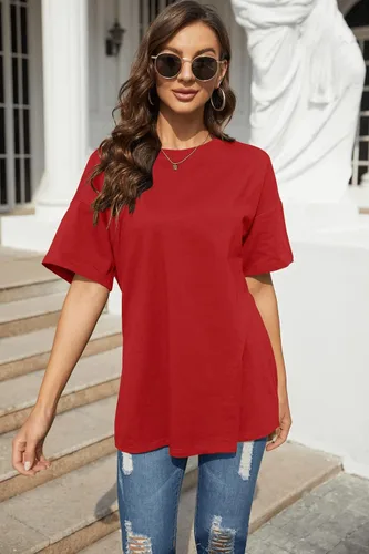 Vista 3 de Fisoew Camisetas de gran tamaño para mujer, camisetas de media manga con cuello redondo de algodón