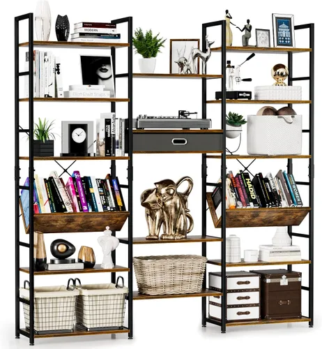 Vista 9 de NUMENN Estantería Triple Ancha de 5 Niveles, Librerías y Estanterías de Estilo Industrial Rústico con 14 Estantes de Exhibición Abiertos, Muebles