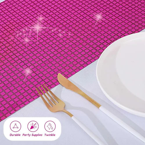 Vista 5 de Durony Paquete de 2 caminos de mesa disco de 11 x 108 pulgadas, espejo rosa intenso con laminado de purpurina y lentejuelas brillantes