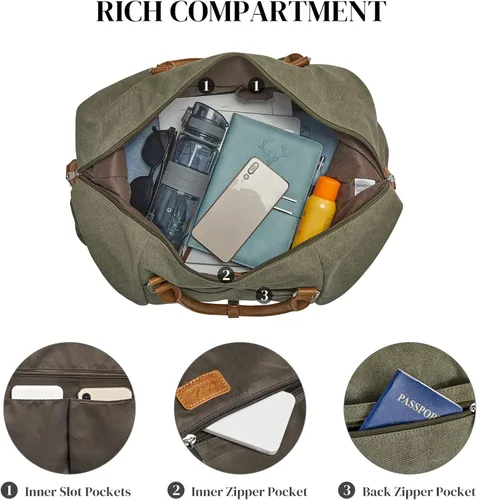 Vista 6 de S-ZONE Bolsas de fin de semana para mujeres y hombres, bolsas de lona de viaje con compartimento para zapatos, bolsa de lona de mano para pernoctar