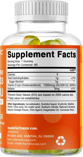 Vista 8 de Vitamatic Suplemento semanal de vitamina D3 sin azúcar de 50,000 UI - 60 gomitas a base de pectina Vitamina D de alta potencia para huesos, dientes