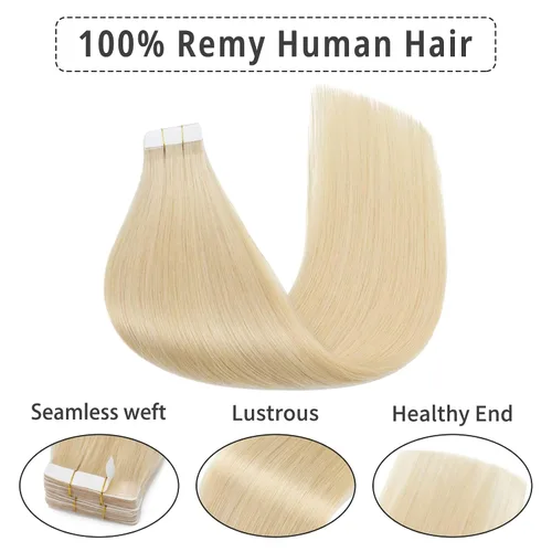 Vista 2 de Hairro Extensiones de cabello humano Remy con cinta adhesiva de doble cara de 18 pulgadas, 20 unidades, 1.06 oz, color rubio decolorado #613, sin