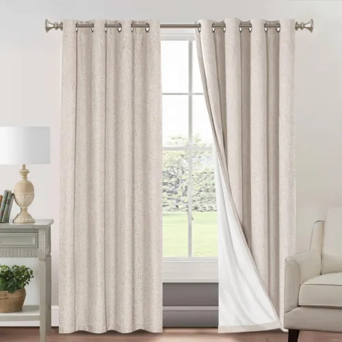 Vista 159 de Cortinas con textura de lino 100% opacas de 64 pulgadas de largo, juego de 2 paneles de cortinas de lino opacas con forro aislante térmico que Arena