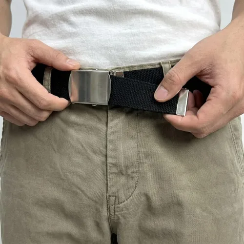 Vista 7 de Cinturón de tela de lona cortado para adaptarse a 57 pulgadas, hebilla militar cromada, estilo urbano Cholo Chicano, totalmente ajustable, correa