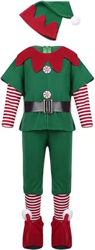 Vista 7 de Disfraz de elfo de Navidad, ropa de cosplay para la familia, conjunto de pantalones de vestir, ayudante de Papá Noel con medias a rayas, zapatos