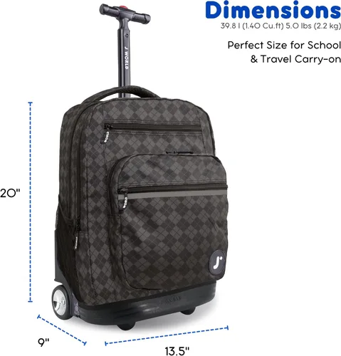 Vista 7 de J World Sundance Mochila Rodante para Laptop para Niñas y Niños. Mochila Escolar con Ruedas, Rombos negro, 20 pulgadas