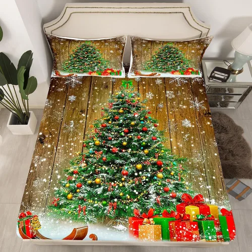 Vista 13 de Erosebridal Juego de ropa de cama de muñeco de nieve, tamaño individual, sábana bajera ajustable de esquí kawaii para árbol de Navidad, para niños