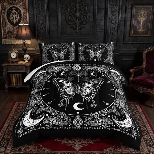 Vista 38 de HOSIMA Juego de edredón de decoración gótica, patrón de calaveras de polilla de la muerte, juego de cama de Halloween tamaño Queen para decoración