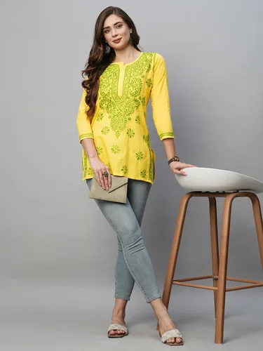 Vista 6 de Ada Blusa de túnica de algodón indio Chikankari bordado a mano para mujer A250295