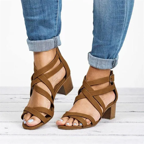 Vista 2 de Sandalias de tacón grueso para mujer, elegantes sandalias de tacón grueso con tiras cruzadas de pescador, elegantes botines romanos