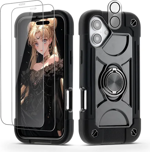 Vista 116 de Funda para iPhone 11 de 6.1 pulgadas con soporte de anillo, con 2 protectores de pantalla de vidrio, resistente a los golpes, resistente a