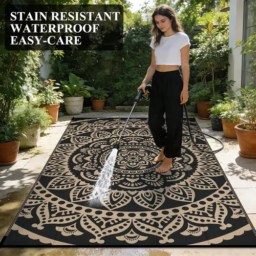 Vista 6 de Bsmathom Alfombra impermeable para exteriores de 5'x8' reversible de pajita de plástico estilo boho para patio, terraza, camping, alfombras para RV