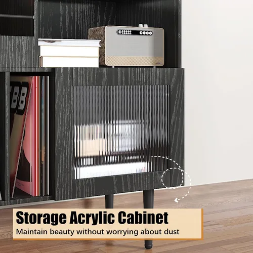 Vista 4 de HedoAjim Soporte grande para tocadiscos con almacenamiento de vinilo, soporte para tocadiscos con puerta acrílica, mesa auxiliar para tocadiscos