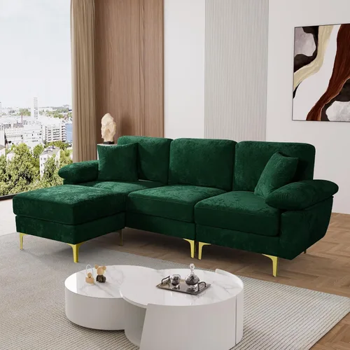 Vista 9 de OUYESSIR Sofá modular en forma de L, sofá de terciopelo de 3 plazas con otomana y almohadas, cómodo sofá cama tapizado para sala de estar, Verde