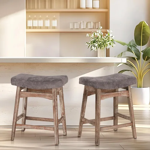 Vista 8 de ALPHA HOME Taburete de bar, taburete de cocina de silla de montar de madera maciza con cojín de tela de lino beige, taburete de bar de altura