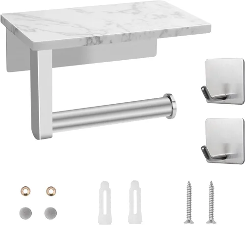 Vista 5 de Soporte de papel higiénico con estante de mármol, soporte de papel higiénico montado en la pared de acero inoxidable SUS304 y 2 ganchos adhesivos